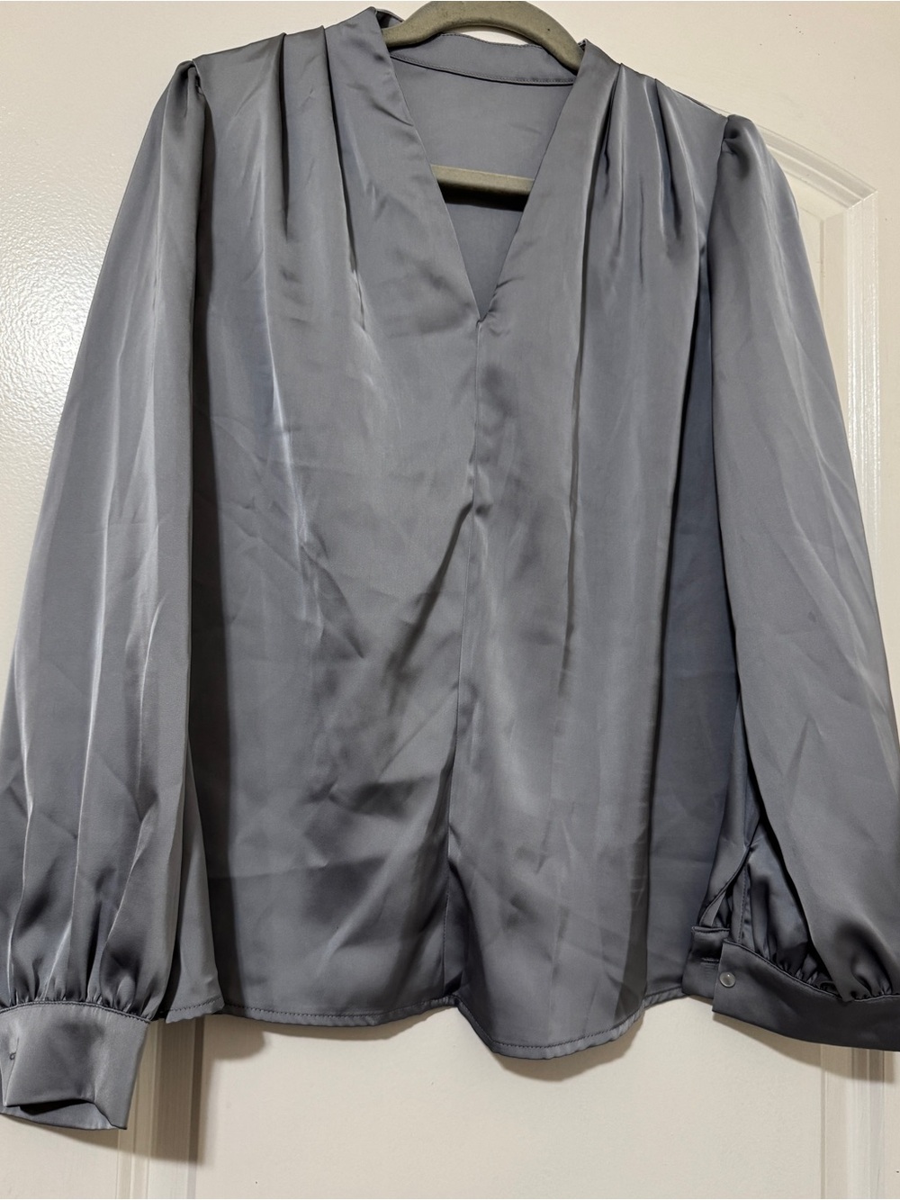 Women's Grey Satin V-Neck Blouse